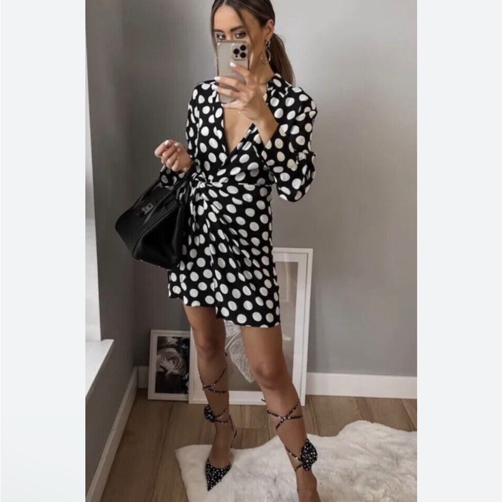 Zara Black and White Polka Dot Long Sleeve Wrap Dress